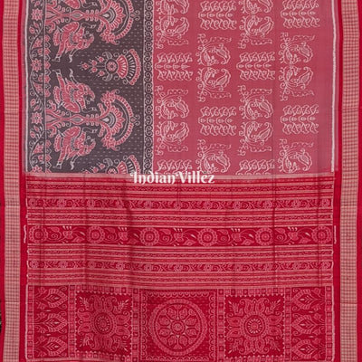 Peach Black Peacock Sambalpuri Ikat Silk Pastel Saree