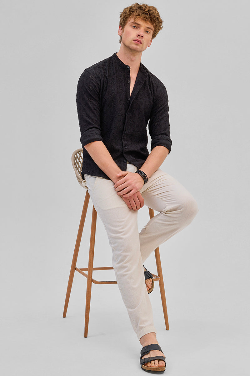 Black Mandarin Self-Design Shirt