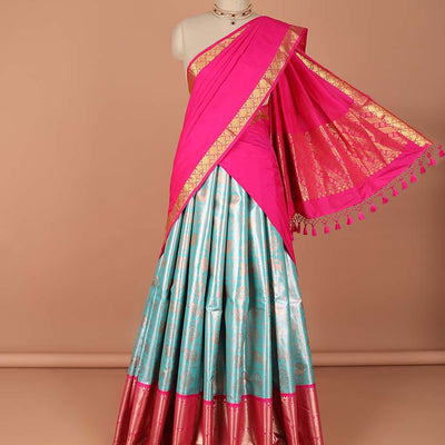 Blue  ikkat floral, animal design art-silk half saree, contrast traditional zari border,zari design blouse & floral  dhavani