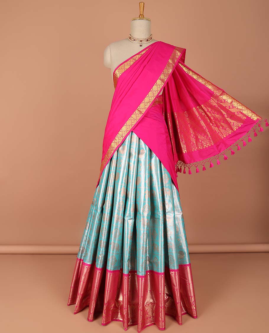 Blue  ikkat floral, animal design art-silk half saree, contrast traditional zari border,zari design blouse & floral  dhavani
