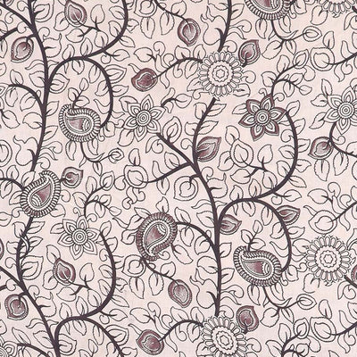 Red batik machine-printed kalamkari cotton saree, self-border & pallu of peacock motifs