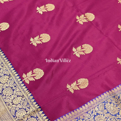 Maroon Blue with Flower Motif Banarasi Katan Silk Saree