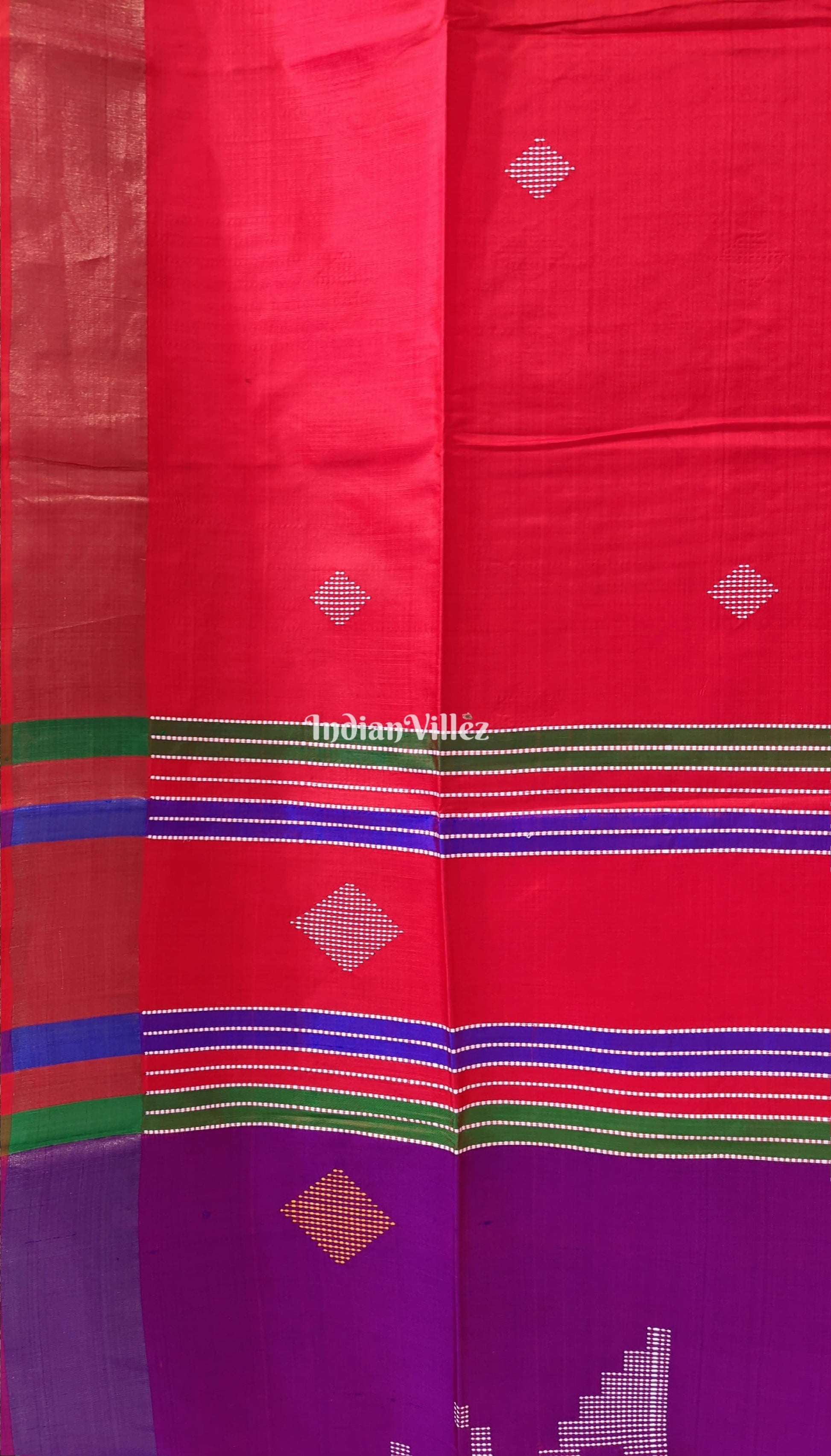 Reddish Orange Purple Handwoven Bishnupuri Silk Saree