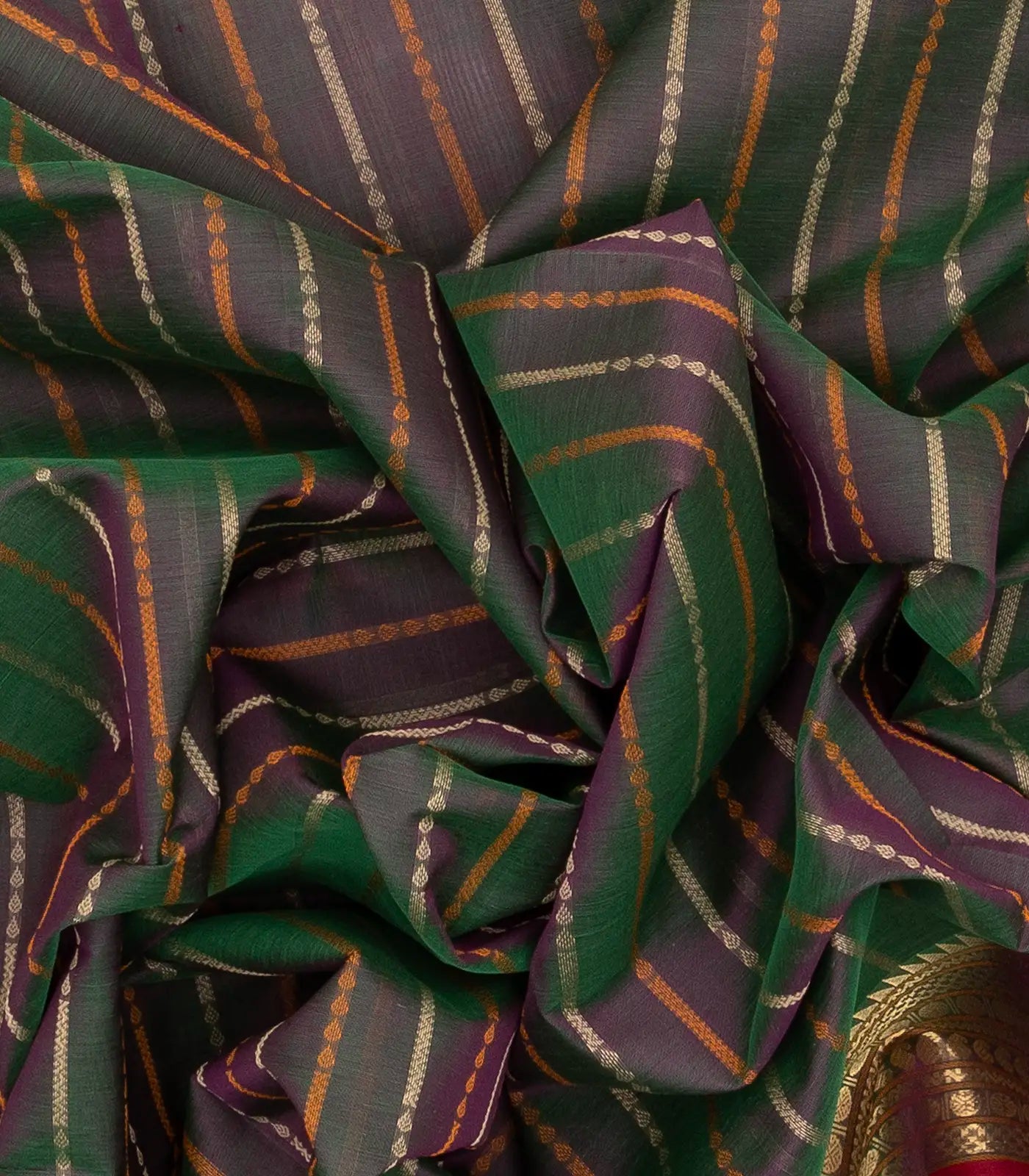 Dark Grey Handloom Silk Cotton Saree With Stripes & Zari Border