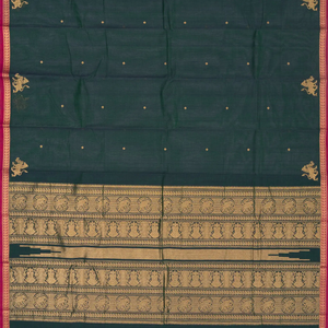 Teal Handloom Kanchi Cotton Saree With Yazhi Buttas