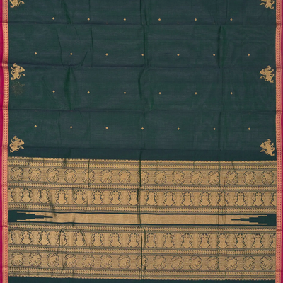 Teal Handloom Kanchi Cotton Saree With Yazhi Buttas