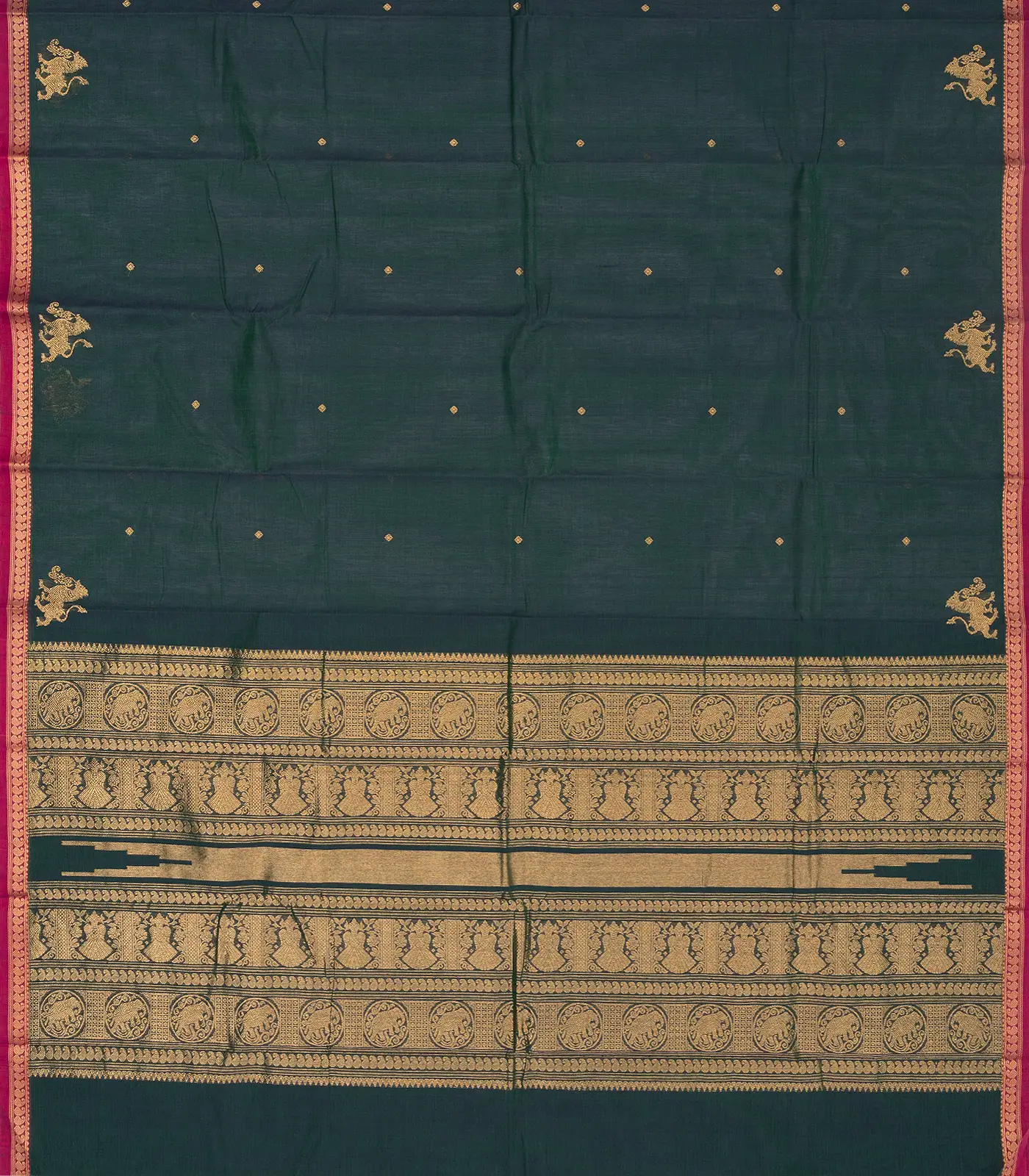 Teal Handloom Kanchi Cotton Saree With Yazhi Buttas