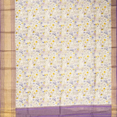 Off White Woven Chiniya Silk Saree Digital Printed With Floral Motifs