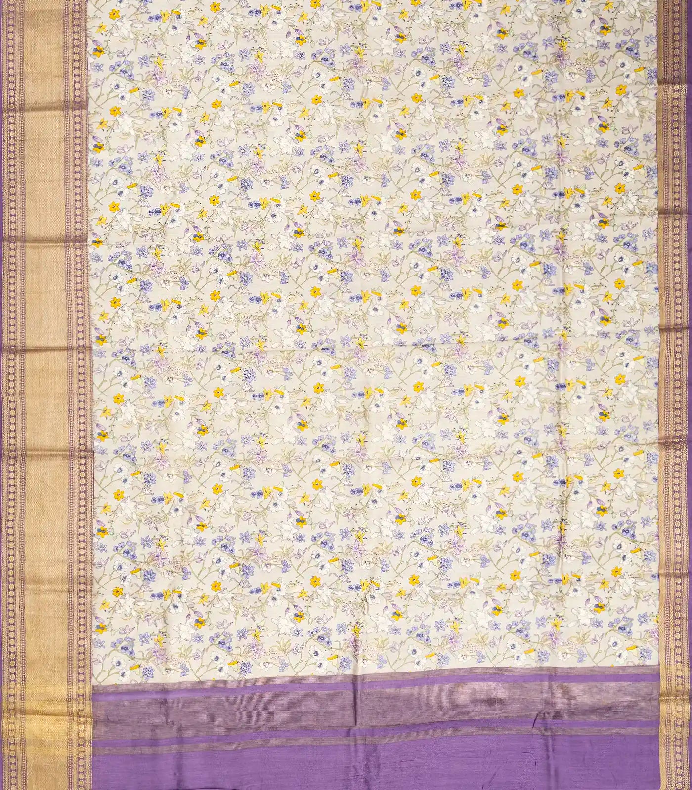 Off White Woven Chiniya Silk Saree Digital Printed With Floral Motifs