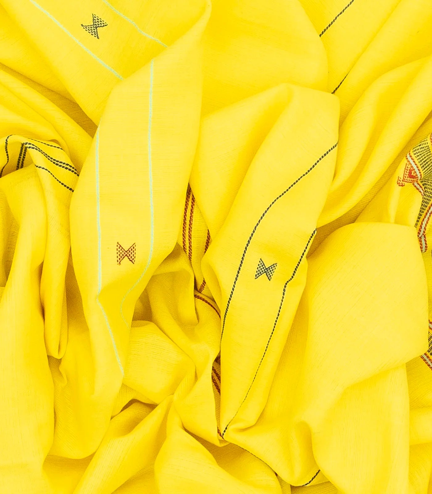 Lemon Yellow Handloom Bhujodi Cotton Saree With Buttas