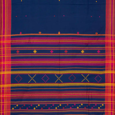 Dark Blue Handloom Bhujodi Cotton Saree With Diamond Buttas