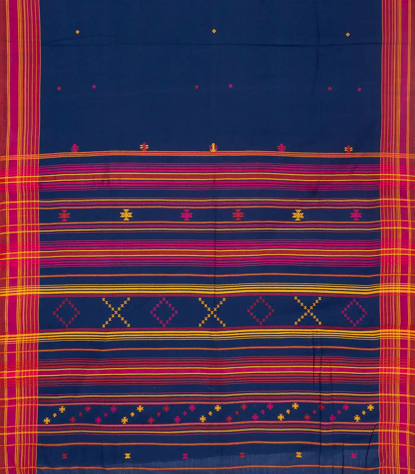 Dark Blue Handloom Bhujodi Cotton Saree With Diamond Buttas