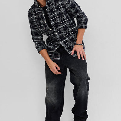 Black Slub Textured Checks Shirt