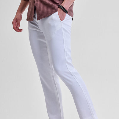 White Self-Design Slim Fit Trousers