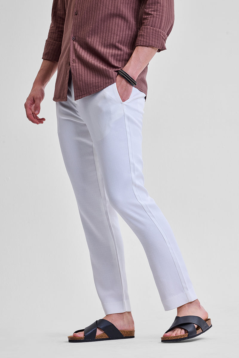 White Self-Design Slim Fit Trousers