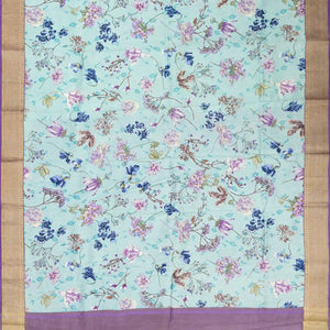 Turquoise Woven Chiniya Silk Saree Digital Printed With Floral Motifs