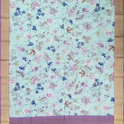 Turquoise Woven Chiniya Silk Saree Digital Printed With Floral Motifs