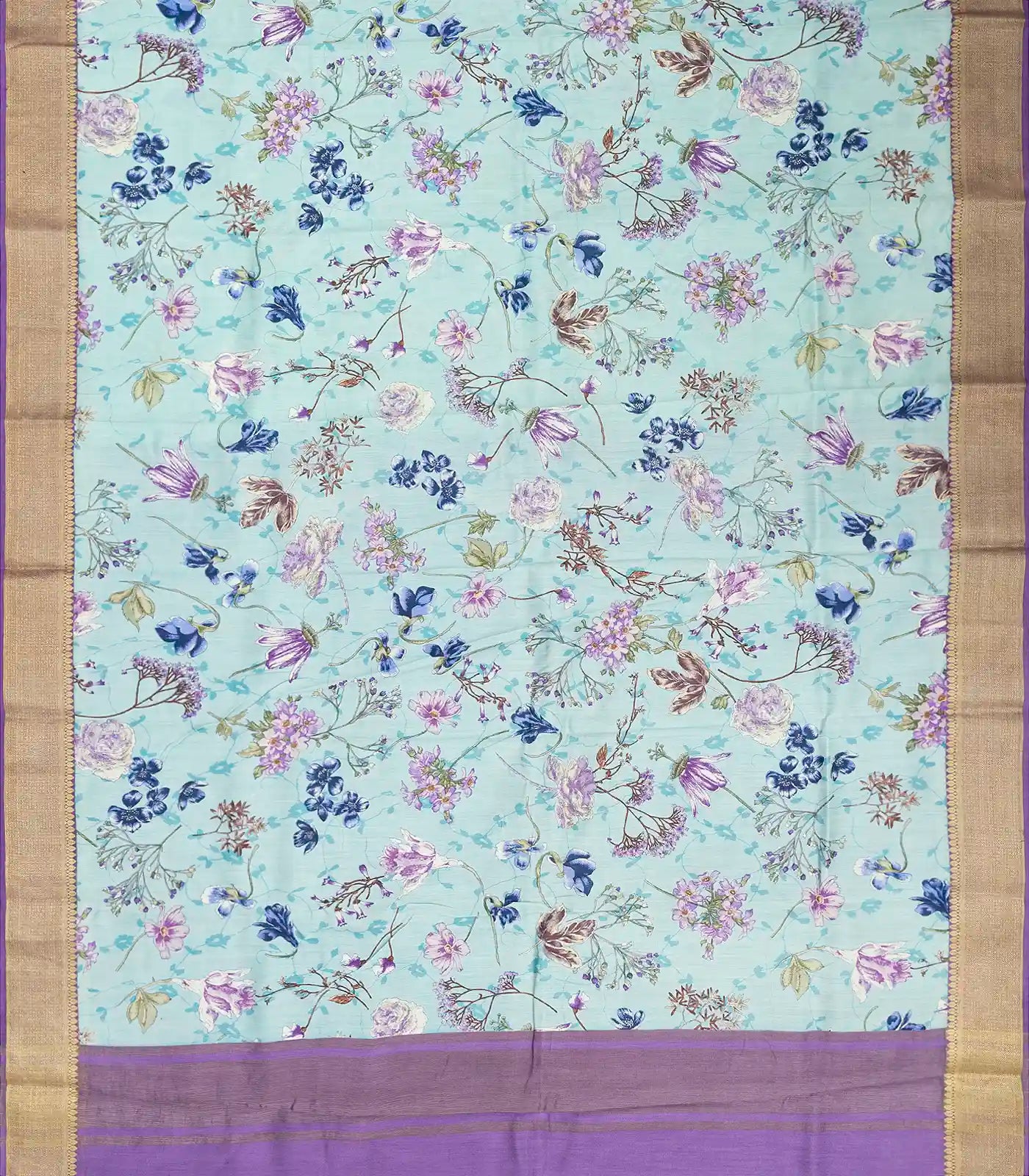 Turquoise Woven Chiniya Silk Saree Digital Printed With Floral Motifs