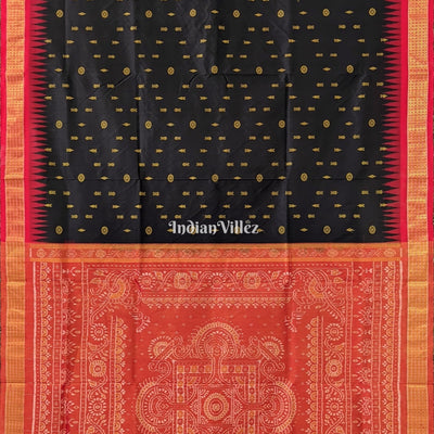 Black Red Fish Motif Sambalpuri Silk Saree with Tissue Anchal