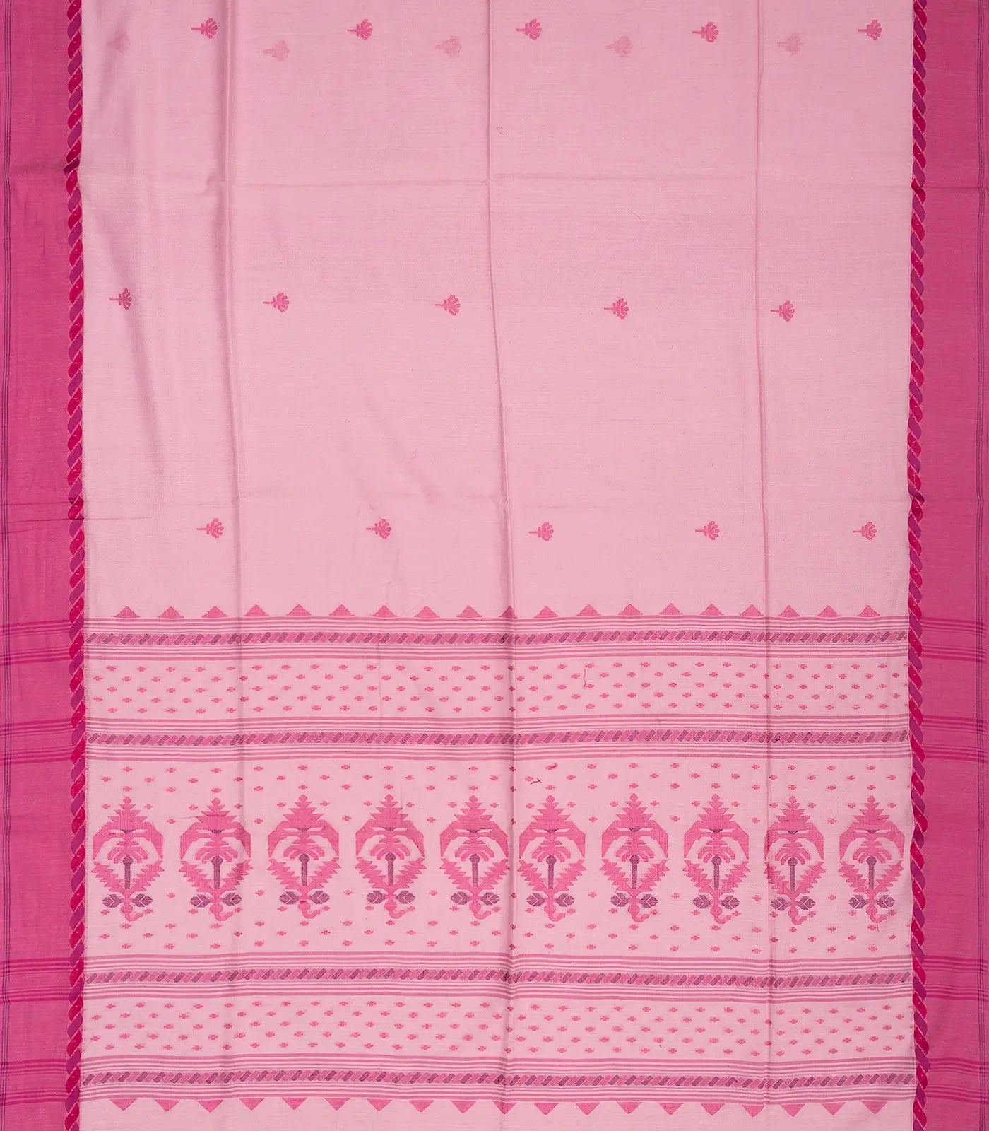 BubbleGum Pink Handloom Bengal Cotton Saree And Pink Border