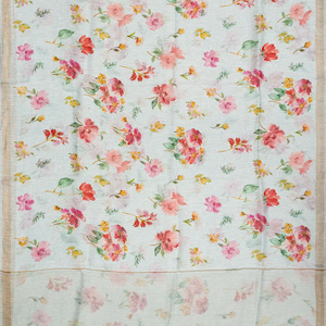 Turquoise Handloom Linen Saree With Printed Floral Motifs