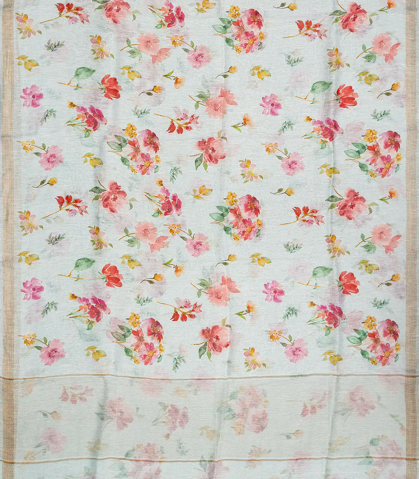 Turquoise Handloom Linen Saree With Printed Floral Motifs