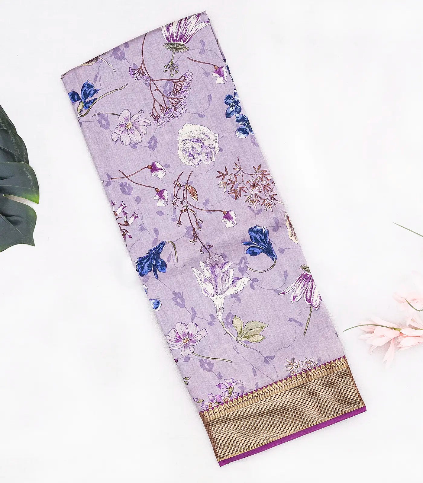 Lavender Handloom Silk Saree With Digital Printed Floral Motifs