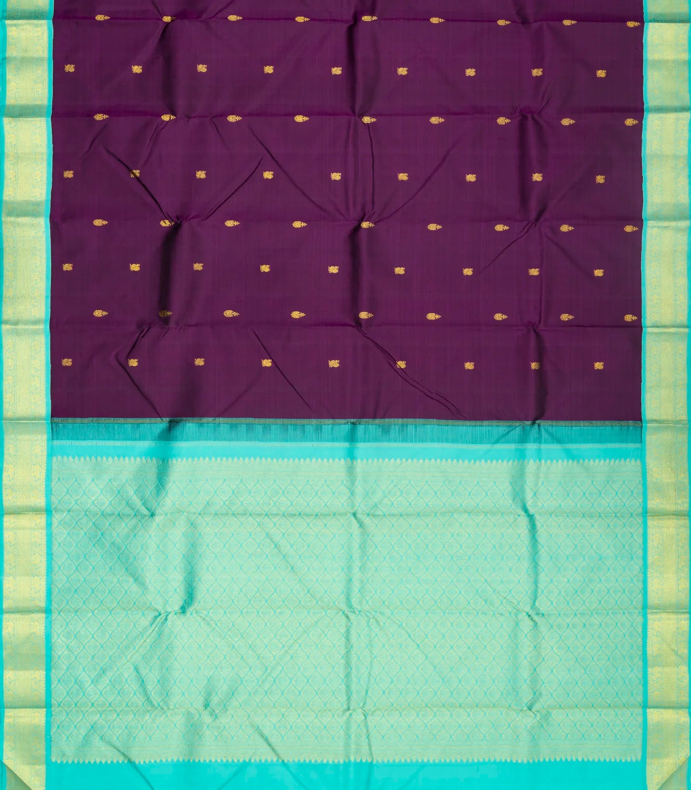 Purple Handloom Kanchipuram Korvai Silk Saree With Turquoise Border