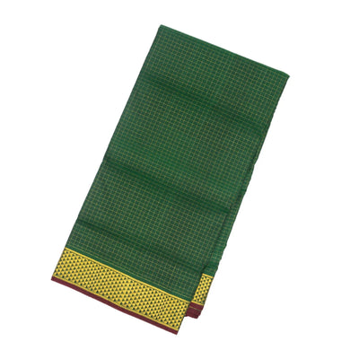 Dark Green Handloom Kanchipuram 9 Yards Silk Saree With Zari Checks