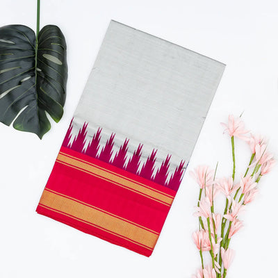 Grey Handloom Ikat Silk Saree With Contrast Pink & Purple Border
