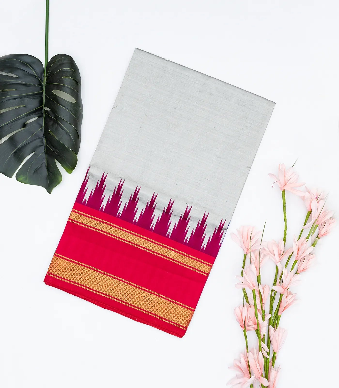 Grey Handloom Ikat Silk Saree With Contrast Pink & Purple Border