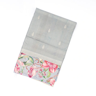 Grey Handloom Tussar Silk Saree Printed With Floral Motifs In Border