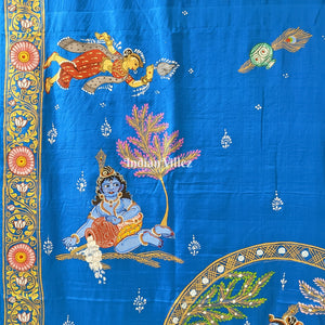 Peacock Blue Krishna Janmashtami Theme Pattachitra Saree
