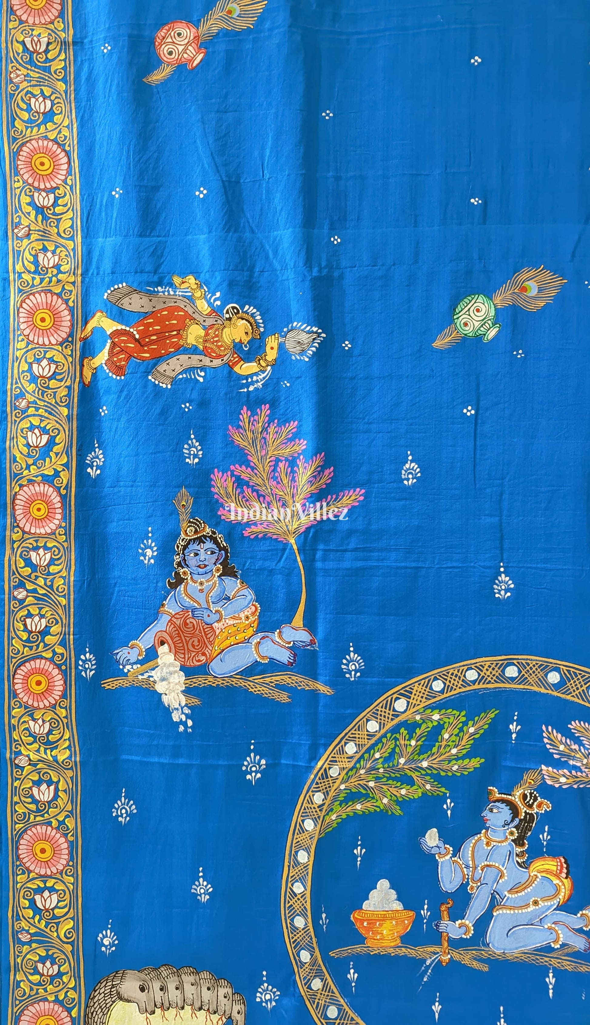 Peacock Blue Krishna Janmashtami Theme Pattachitra Saree