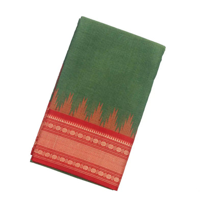 Leafy Green Handloom Korvai Kanchi Cotton Saree With Contrast Border