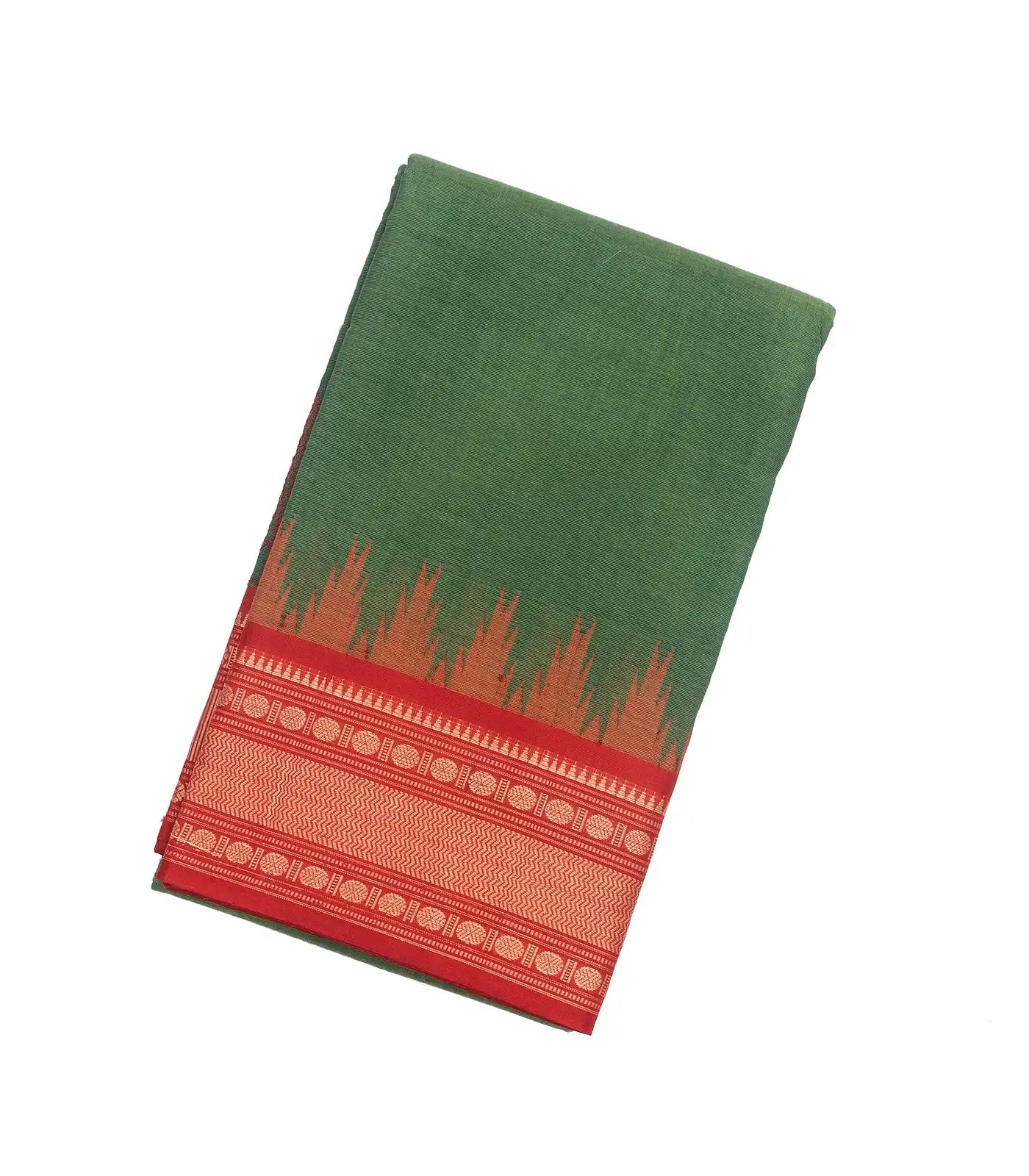 Leafy Green Handloom Korvai Kanchi Cotton Saree With Contrast Border