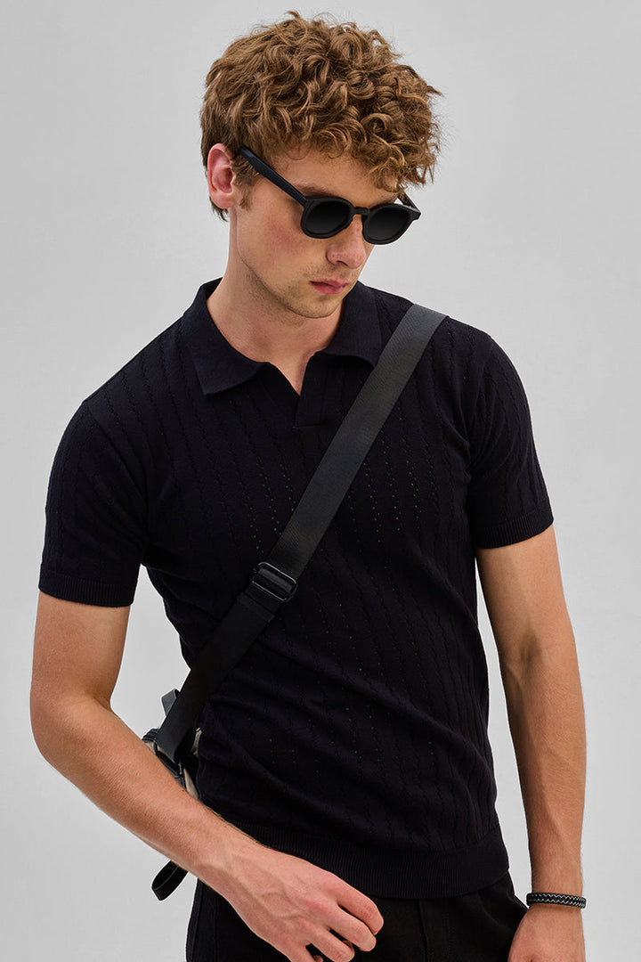 Black Knitted Polo T-Shirt