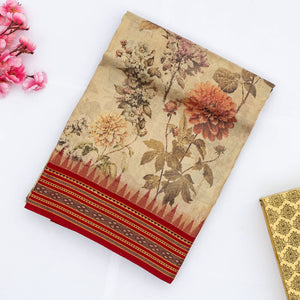 Beige Handloom Tussar Silk Saree With Printed Floral Motifs & Contrast Border