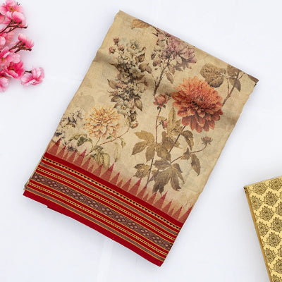 Beige Handloom Tussar Silk Saree With Printed Floral Motifs & Contrast Border