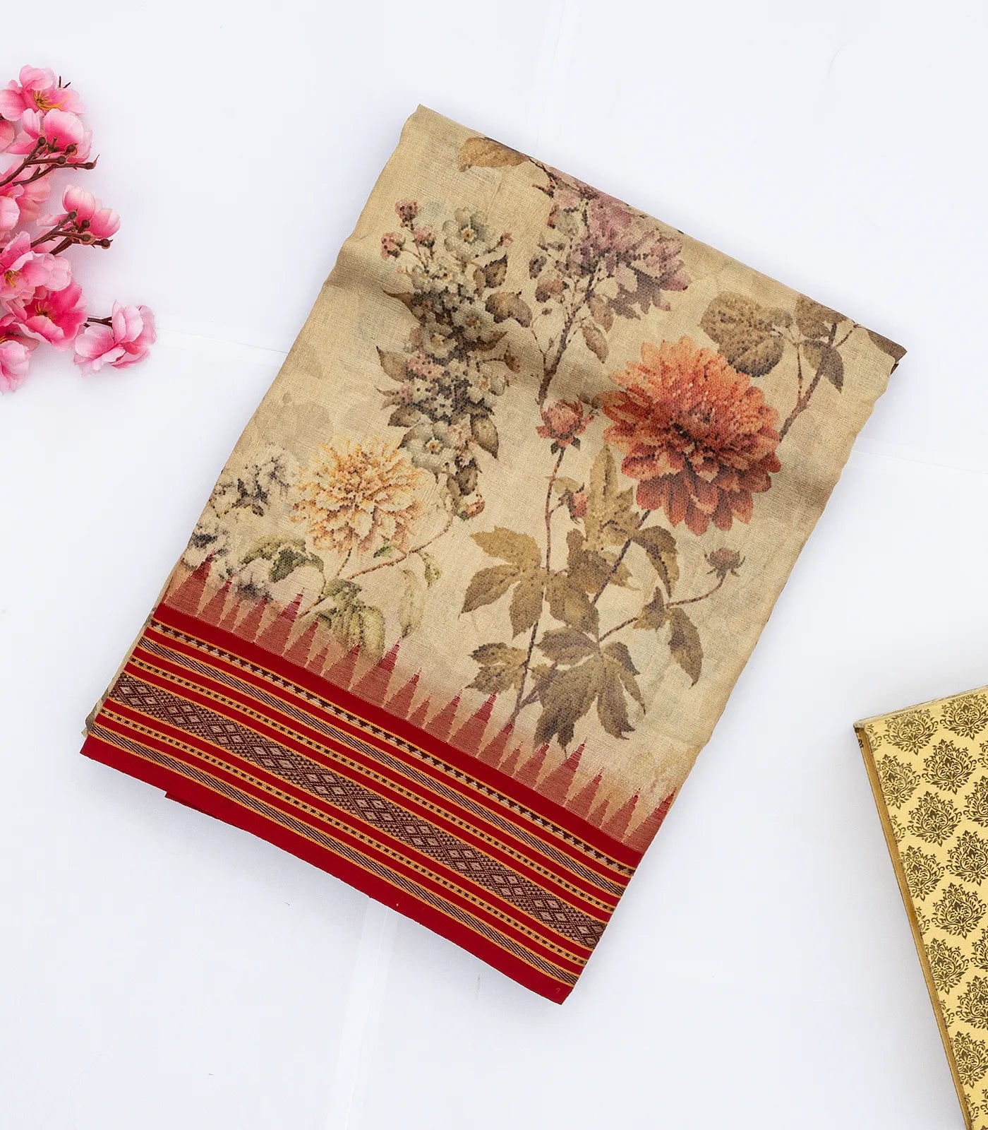 Beige Handloom Tussar Silk Saree With Printed Floral Motifs & Contrast Border