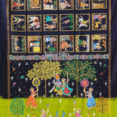 Navy Blue & Parrot Green Radha Krishna Village Theme Pattachitra Saree