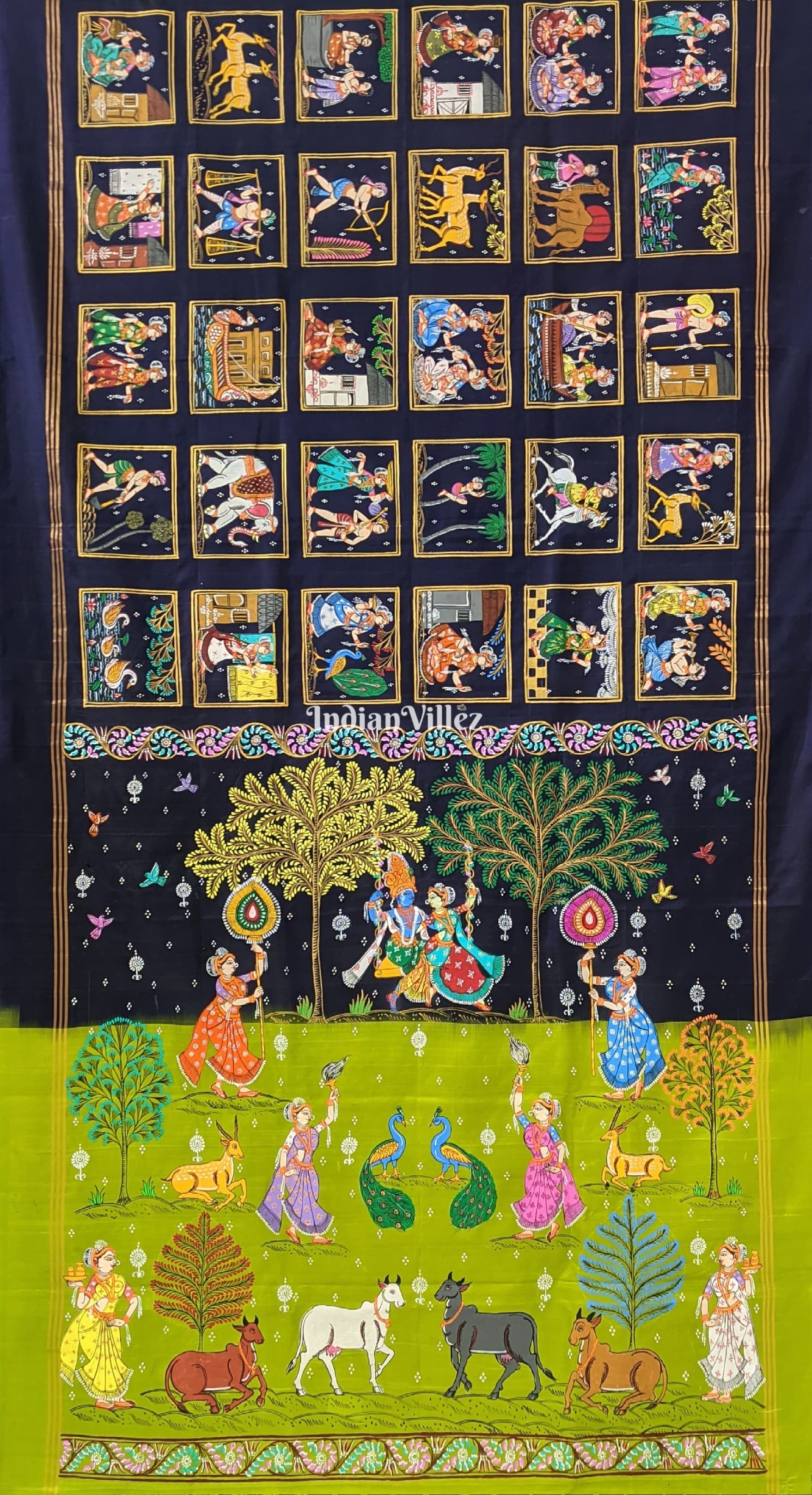 Navy Blue & Parrot Green Radha Krishna Village Theme Pattachitra Saree
