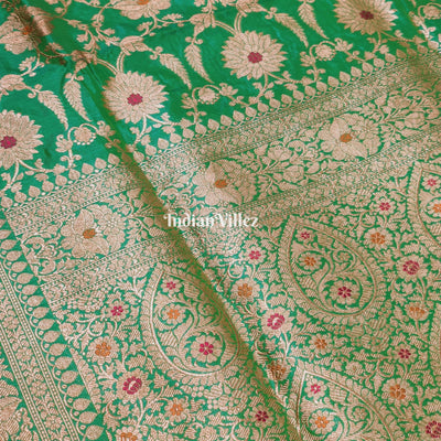 Parrot Green Floral Meenakari Banarasi Katan Silk Saree