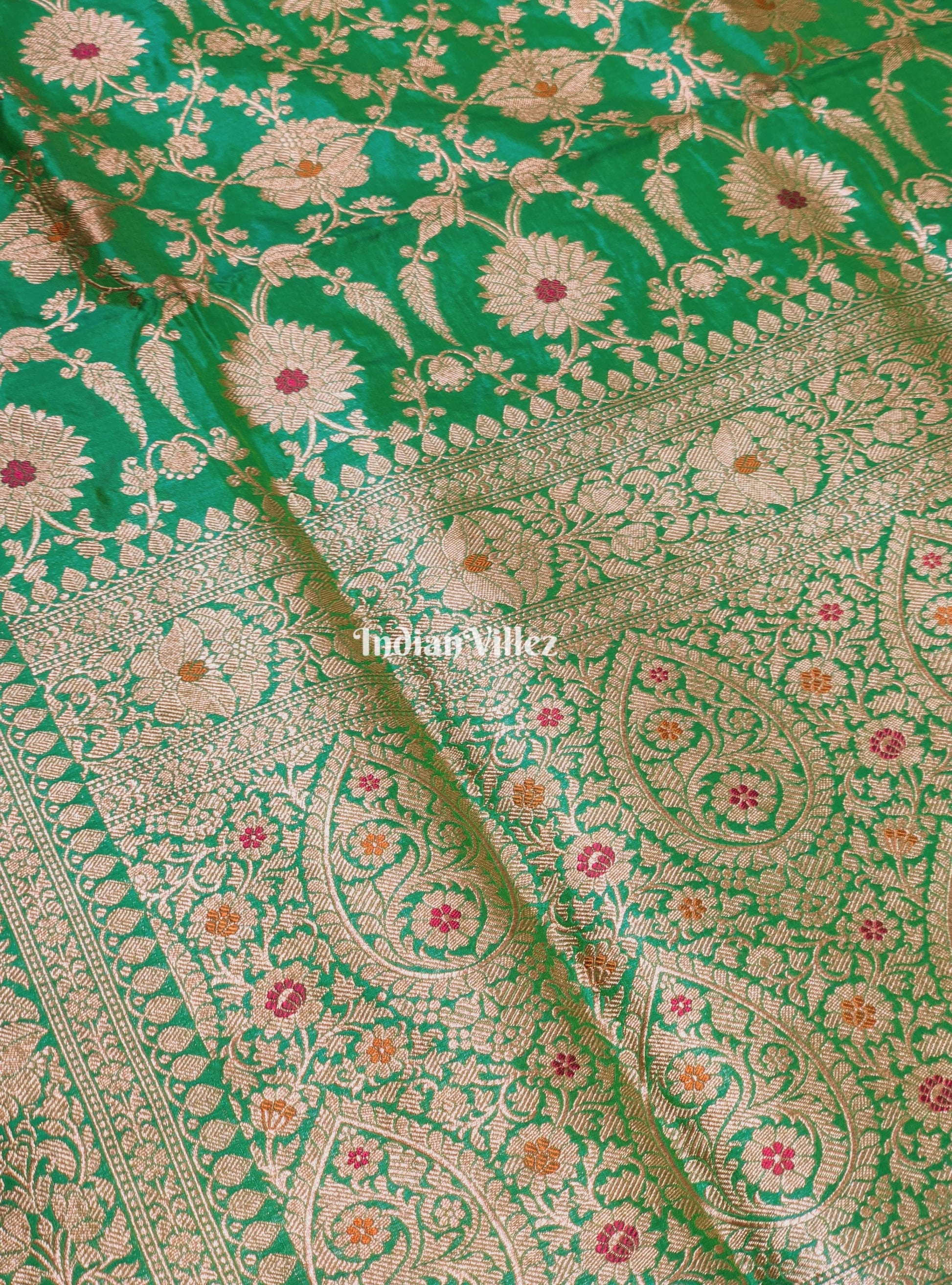 Parrot Green Floral Meenakari Banarasi Katan Silk Saree