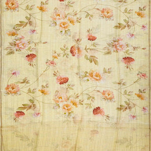 Yellow Handloom Linen Saree With Printed Floral Motifs & Stripes