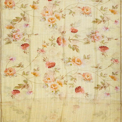 Yellow Handloom Linen Saree With Printed Floral Motifs & Stripes