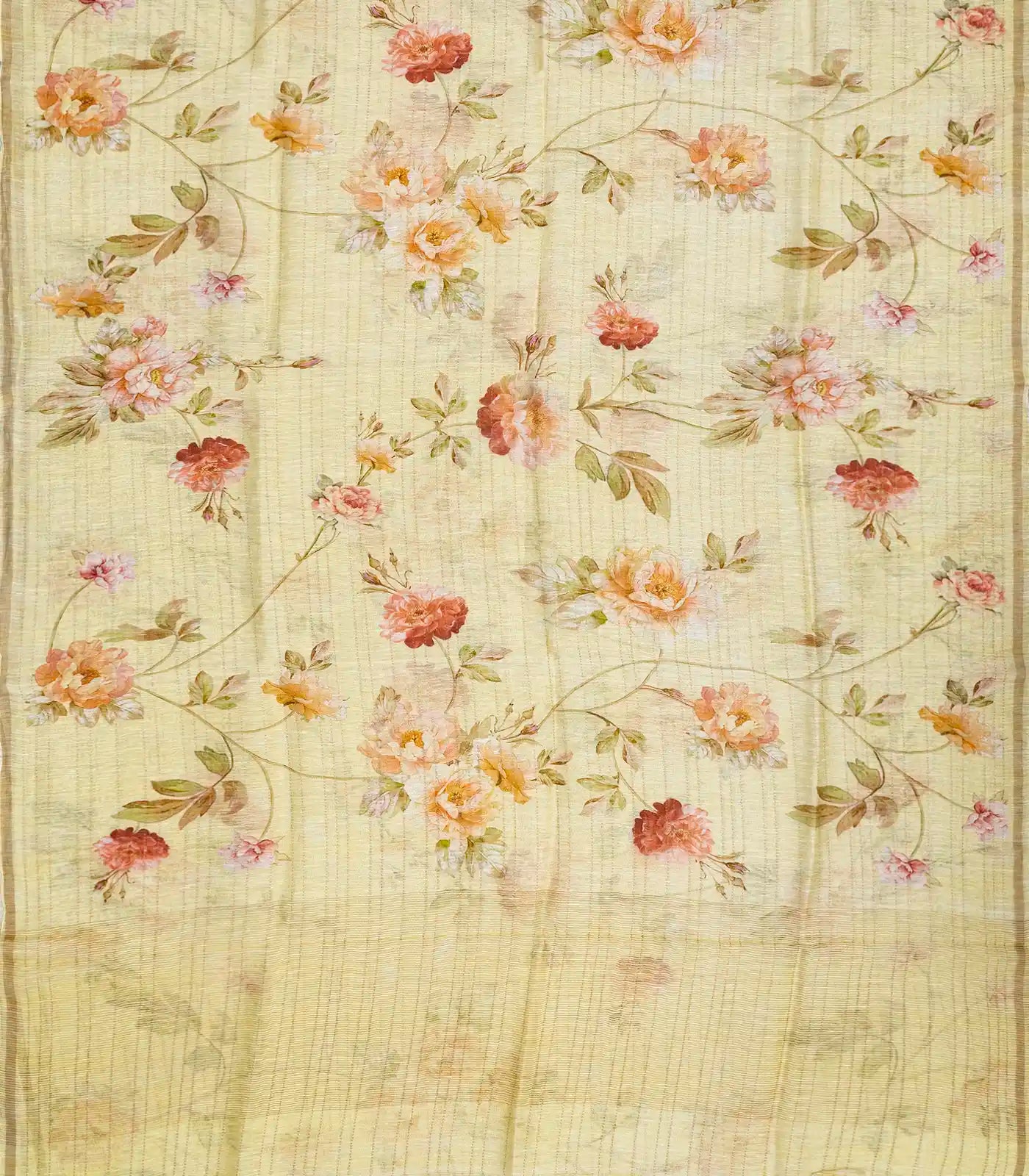 Yellow Handloom Linen Saree With Printed Floral Motifs & Stripes