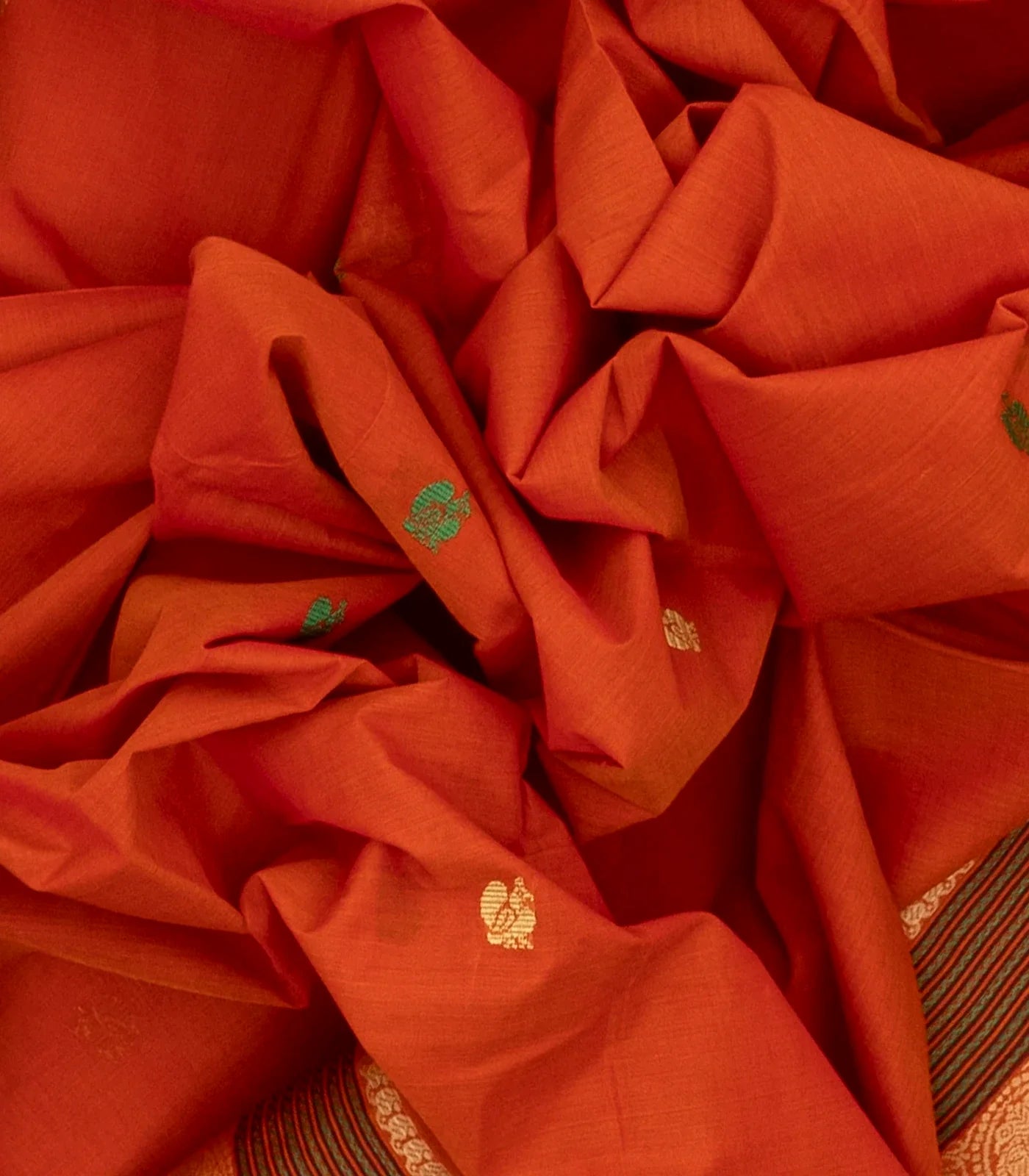 Orange Handloom Kanchi Cotton Saree With Annam Buttas