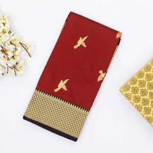 Maroon Handloom Banarasi Silk Saree With Bird Buttas & Contrast Border