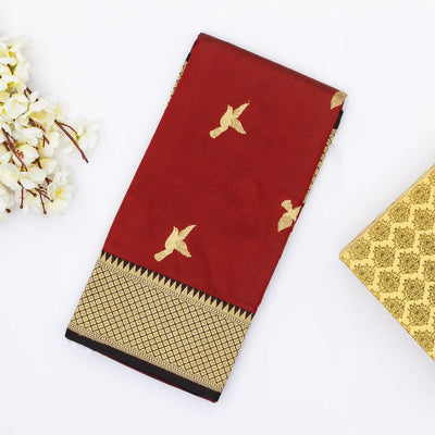 Maroon Handloom Banarasi Silk Saree With Bird Buttas & Contrast Border